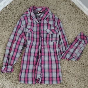 Pink and grey plaid north face button up